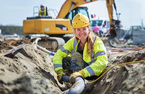 Female utility worker digging down pipes