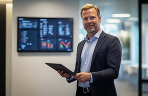 Michael Driftschef med tablet og dashboards i skandinavisk kontor_500x325